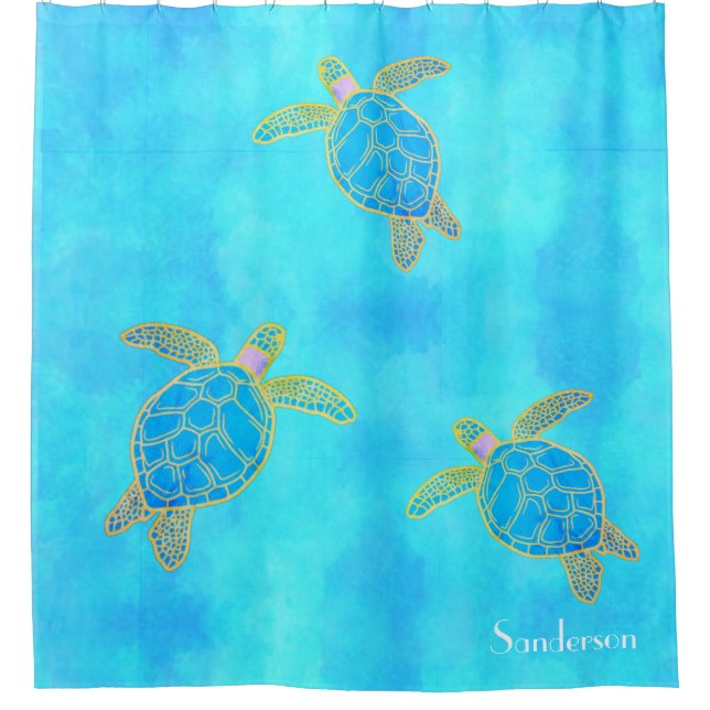 Tropical Watercolor Coastal Sea Turtle Aqua Blue   Shower Curtain (Front)