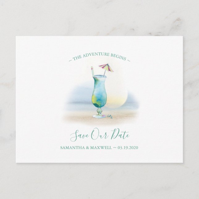 Tropical Watercolor Cocktail Save the Date Holiday Postcard (Front)
