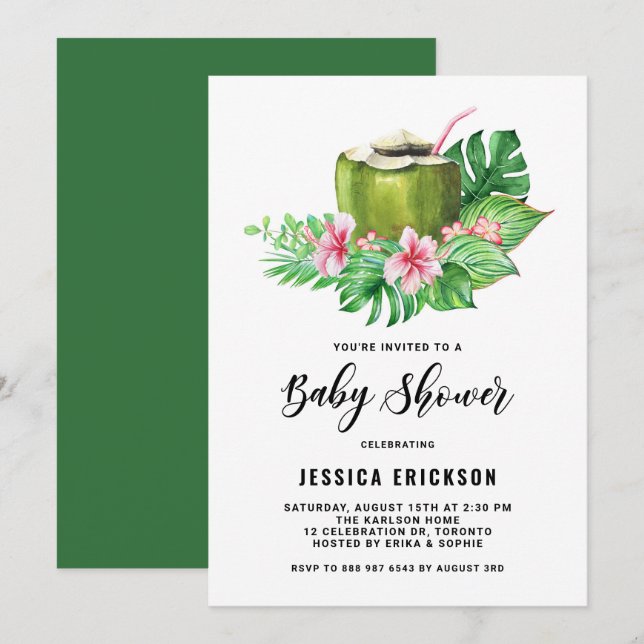 Tropical Watercolor Coconut Summer Baby Shower Invitation (Front/Back)