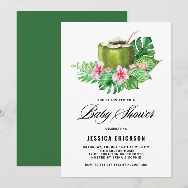 Tropical Watercolor Coconut Summer Bridal Shower Invitation (Front/Back)