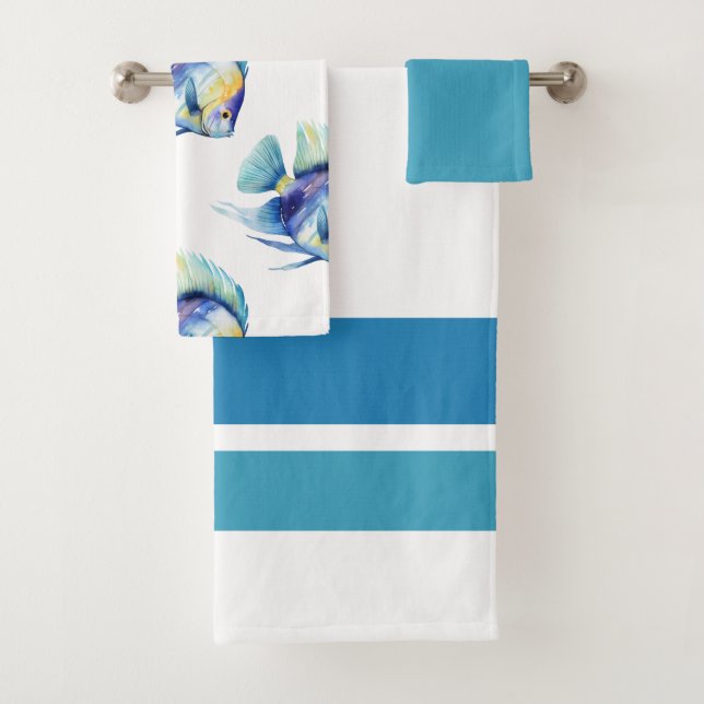 Tropical Watercolor Colourful Fish Bathroom Bath Towel Set (Insitu)