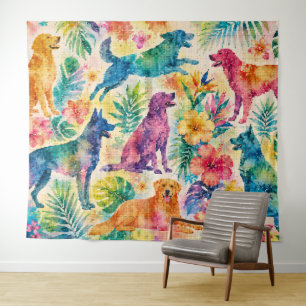 Tropical Watercolor Dogs Tapestry