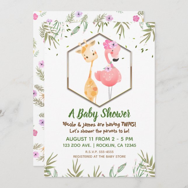 Tropical Watercolor Flamingo & Giraffe Baby Shower Invitation (Front/Back)