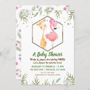 Tropical Watercolor Flamingo & Giraffe Baby Shower Invitation