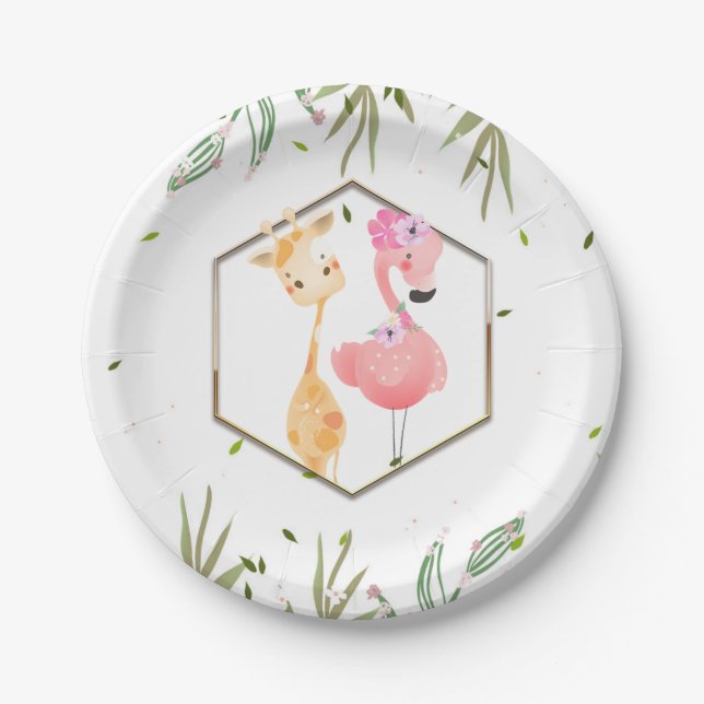 Tropical Watercolor Flamingo & Giraffe Baby Shower Paper Plate (Front)