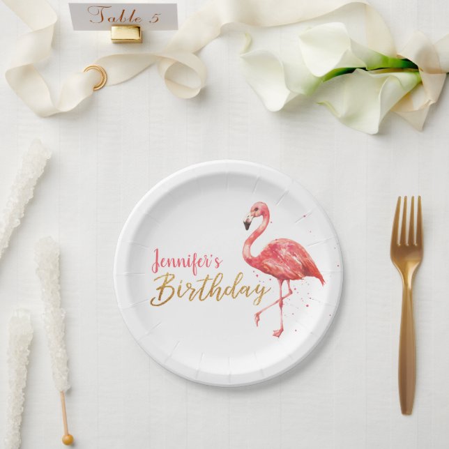 Tropical Watercolor Flamingo Gold Birthday | Paper Plate (Wedding)