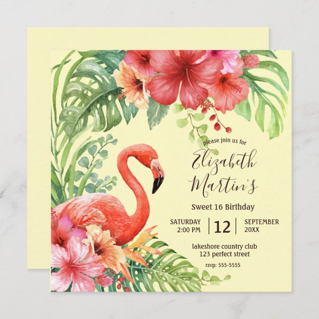 Tropical Watercolor Flamingos & Hibiscus Birthday Invitation (Front/Back)
