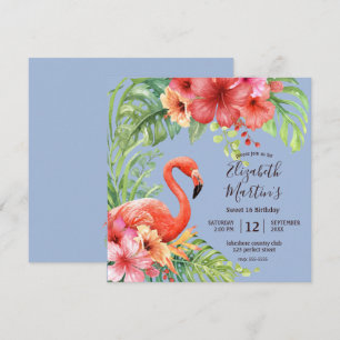 Tropical Watercolor Flamingos & Hibiscus Birthday Invitation
