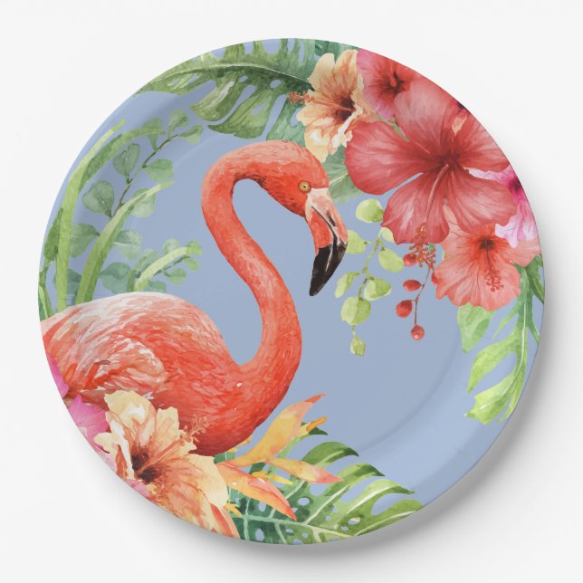 Tropical Watercolor Flamingos & Hibiscus Paper Plate (Front)