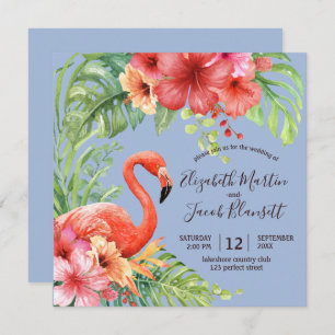 Tropical Watercolor Flamingos & Hibiscus Wedding Invitation