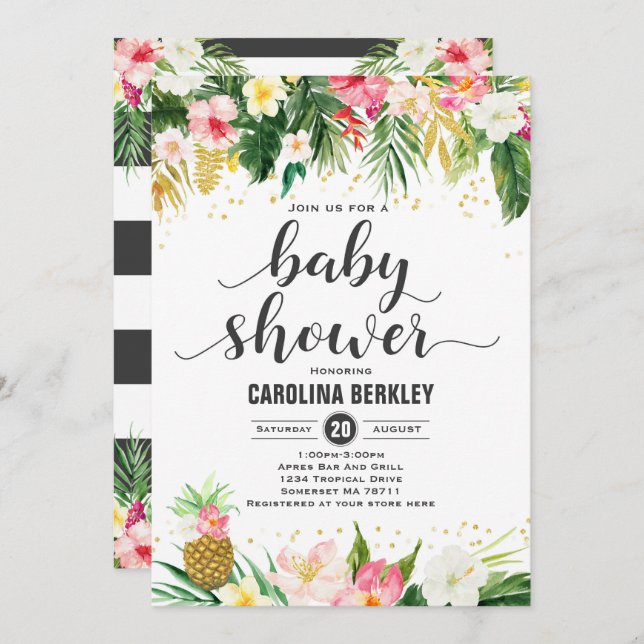 Tropical Watercolor Floral Baby Shower Invitation (Front/Back)