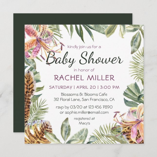 Tropical Watercolor Floral Baby Shower Invitation (Front/Back)