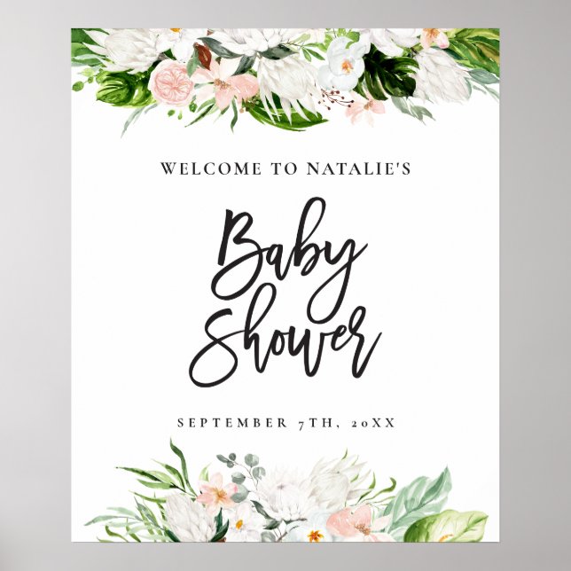Tropical watercolor floral baby shower welcome poster (Front)