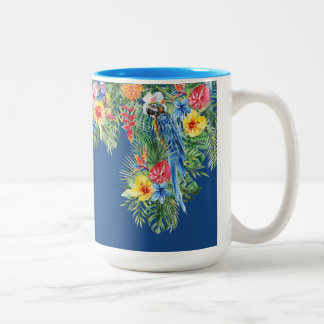 Tropical Watercolor Floral Blue Parrot Monogram Two-Tone Coffee Mug