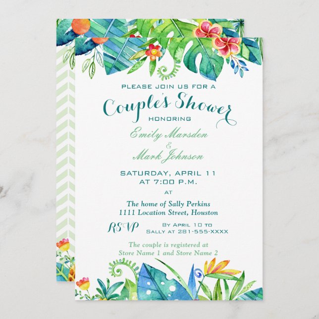 Tropical Watercolor Floral Couples Shower Invitation (Front/Back)