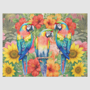 Tropical Watercolor Floral Macaw & Red Hibiscus Tissue Paper