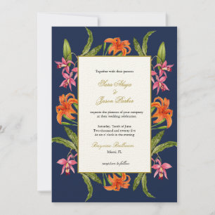 Tropical Watercolor Floral Navy Blue Wedding Invitation