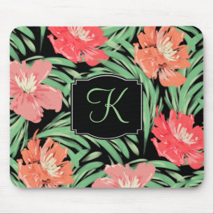 Tropical Watercolor Floral Pattern with Monogram Mouse Pad