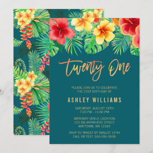 Tropical Watercolor Flowers 21st Birthday Invitation