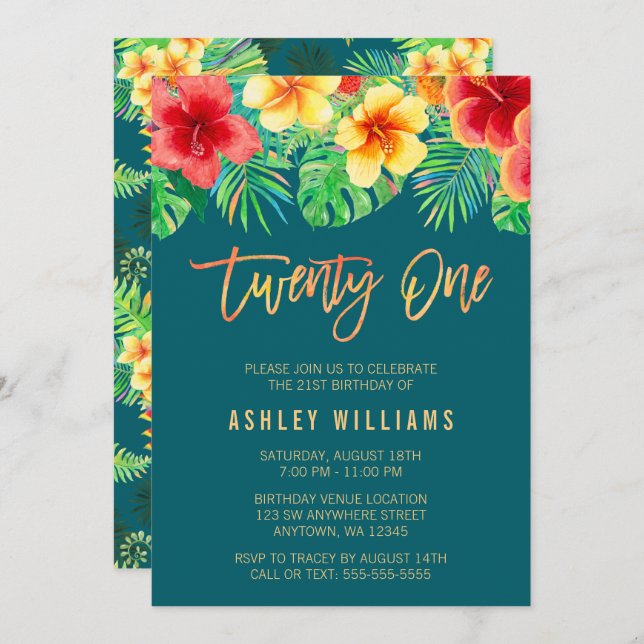 Tropical Watercolor Flowers 21st Birthday Invitation (Front/Back)
