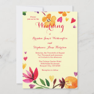 Tropical Watercolor Flowers and Hearts Wedding Invitation