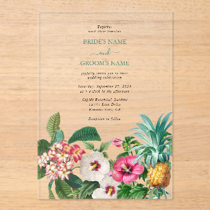 Tropical Watercolor Flowers & Greenery Wedding Acrylic Invitations