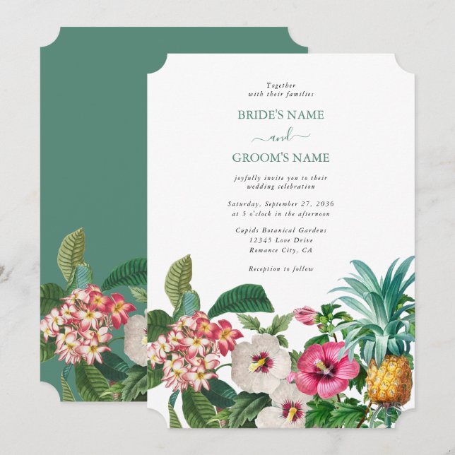 Tropical Watercolor Flowers & Greenery Wedding Invitation (Front/Back)