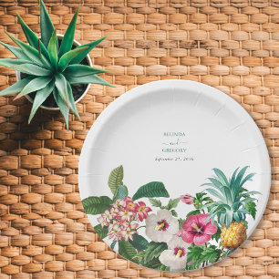 Tropical Watercolor Flowers & Greenery Wedding Paper Plate