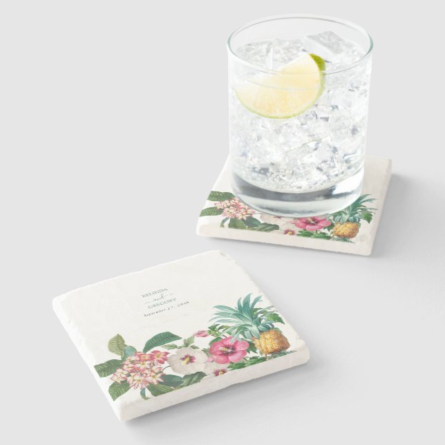 Tropical Watercolor Flowers & Greenery Wedding Stone Coaster (Side)