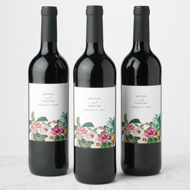 Tropical Watercolor Flowers & Greenery Wedding  Wine Label (Bottles)