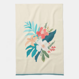 Tropical Watercolor Flowers in Coral & Teal Tea Towel
