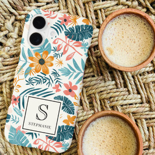 Tropical Watercolor Flowers & Leaves Chic Monogram