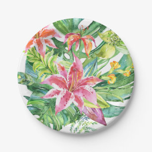 Tropical Watercolor Flowers Luau Summer Beach Paper Plate