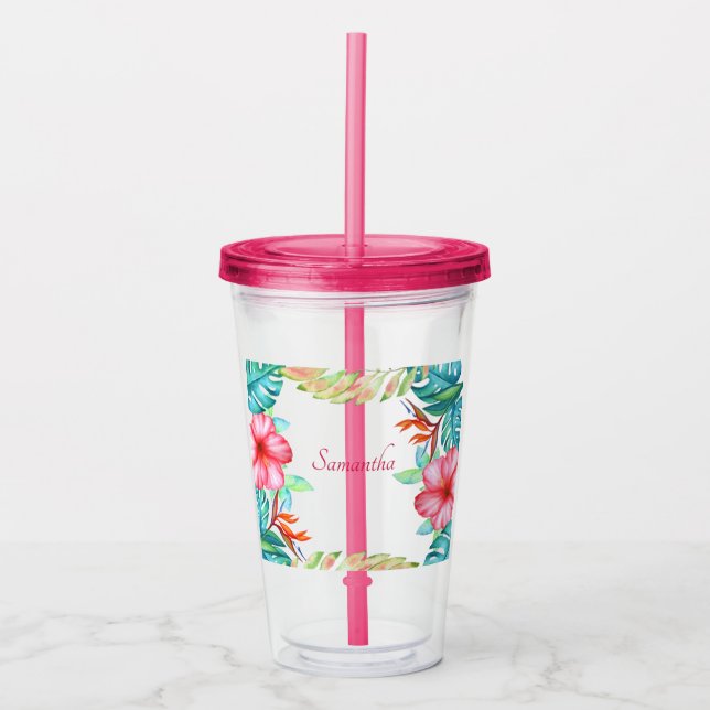 Tropical Watercolor Flowers Personalised Acrylic Tumbler (Front)