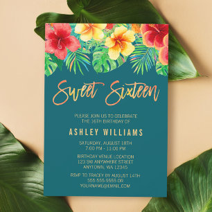 Tropical Watercolor Flowers Sweet 16 Birthday Invitation