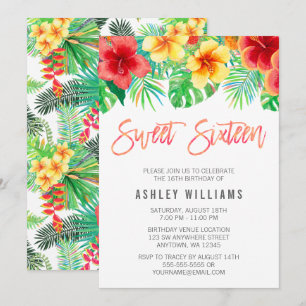 Tropical Watercolor Flowers Sweet 16 Invitation