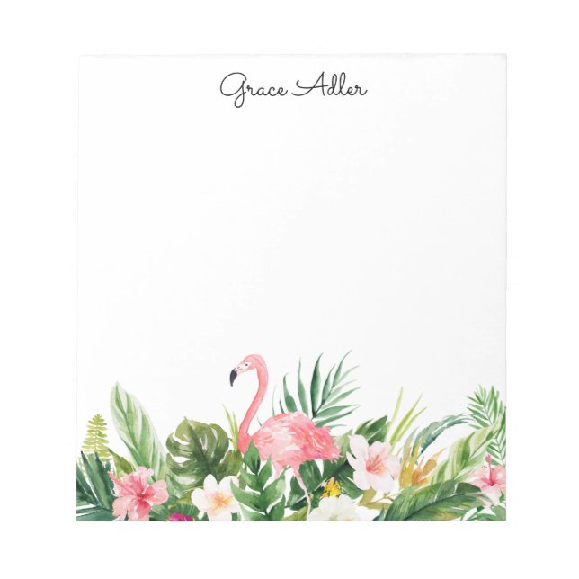 Tropical Watercolor Flowers with Flamingo Notepad (Front)