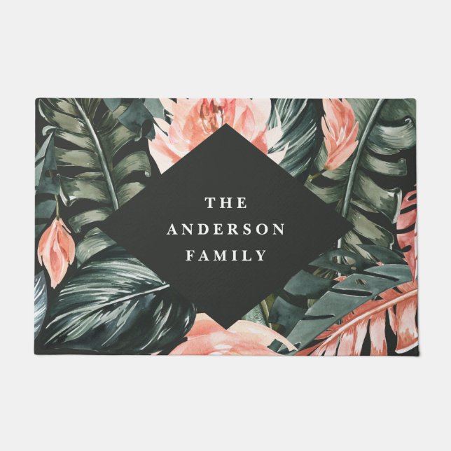 Tropical watercolor foliage floral home decor doormat (Front)