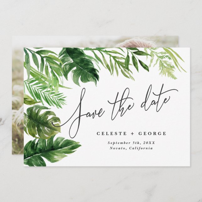 Tropical watercolor foliage floral photo save the date (Front/Back)