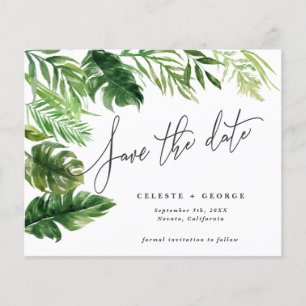 Tropical watercolor foliage floral save the date flyer