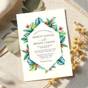 Tropical Watercolor Foliage Frame Modern Wedding Invitation