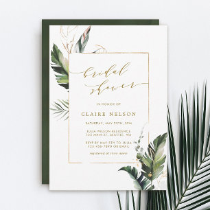 Tropical Watercolor Foliage Gold Bridal Shower Invitation