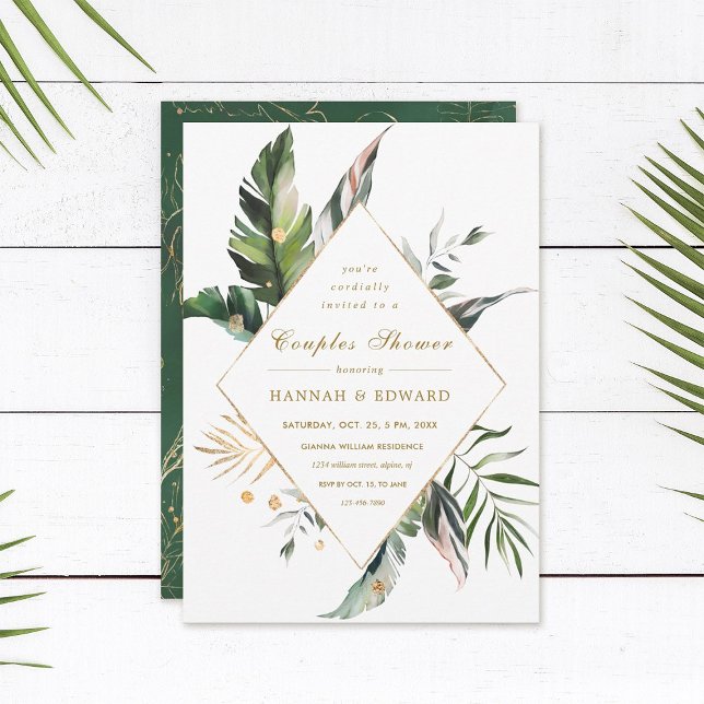 Tropical Watercolor Foliage Gold Couples Shower Invitation (Creator Uploaded)