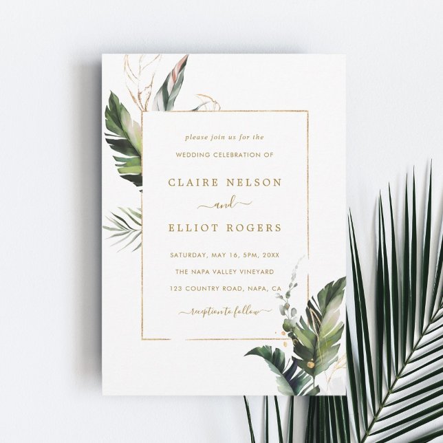 Tropical Watercolor Foliage Gold Frame Wedding Invitation (Creator Uploaded)