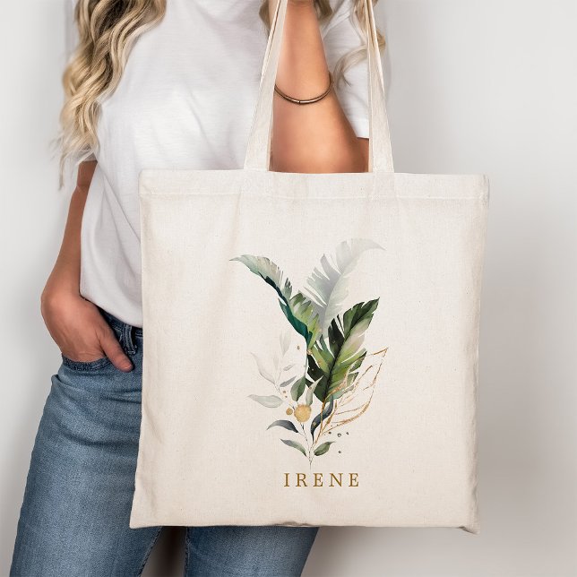 Tropical Watercolor Foliage Gold Script Tote Bag (Creator Uploaded)