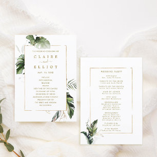 Tropical Watercolor Foliage Gold Wedding Ceremony Program