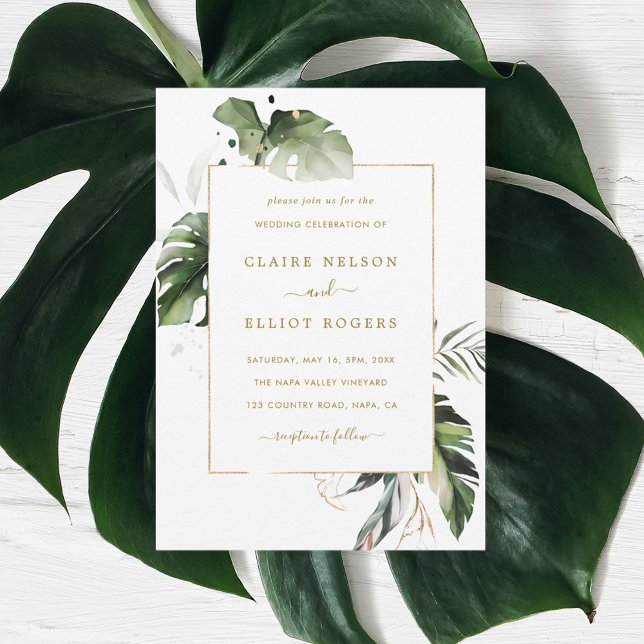 Tropical Watercolor Foliage Gold Wedding Invitation (Creator Uploaded)
