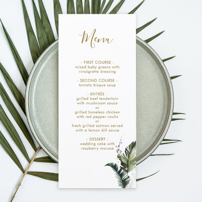 Tropical Watercolor Foliage Gold Wedding Menu (Creator Uploaded)