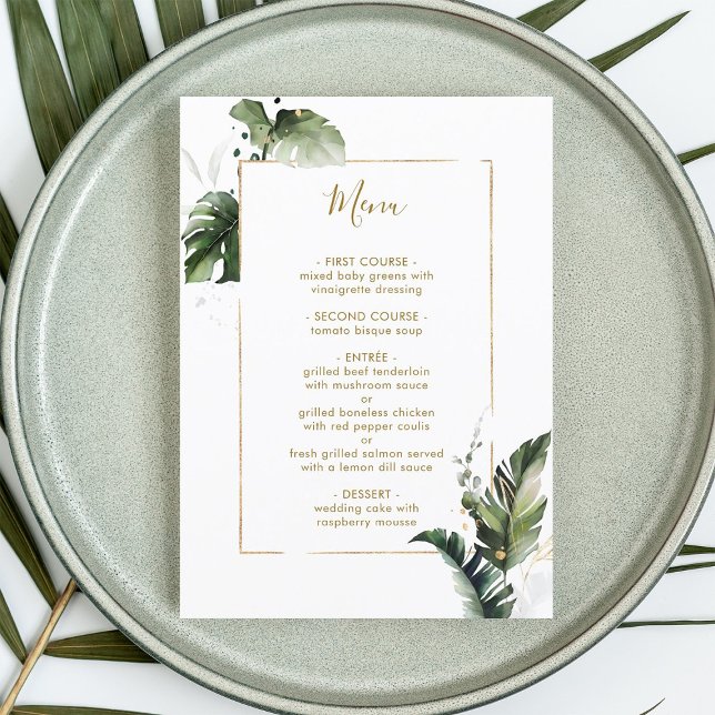 Tropical Watercolor Foliage Gold Wedding Menu (Creator Uploaded)