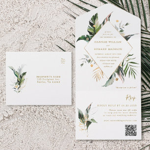 Tropical Watercolor Foliage Gold Wedding QR Code All In One Invitation